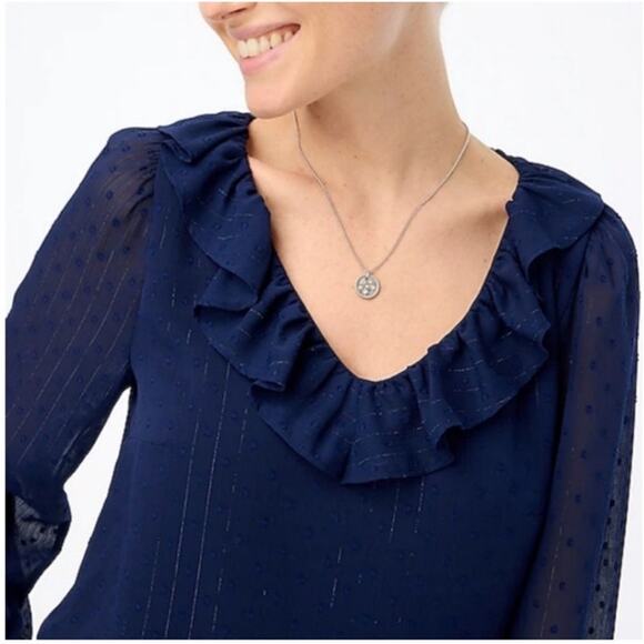 J. Crew V Neck Shimmery Clip Dot Ruffleneck Top Blue Size M - Picture 8 of 12